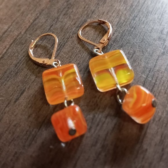 Orange Colorful Glass Bead Stone Dangle Earrings Handmade Jewelry #37 - Picture 5 of 9